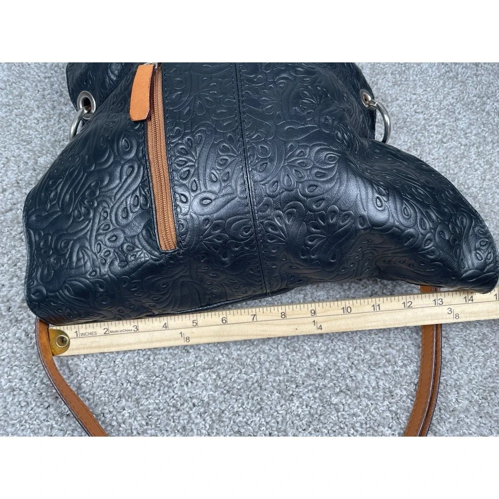 Made In Italy Genuine Leather Black Embossed Floral Hobo Shoulder Bag Purse